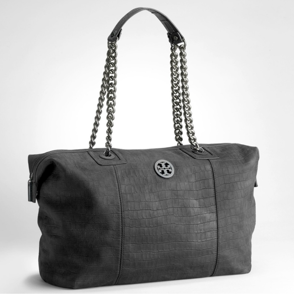 Tory Burch Black Croc-Embossed Tote with Chain Straps